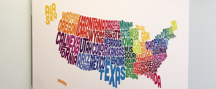 colorful map of USA with names of each state written out to form the shape of the country
